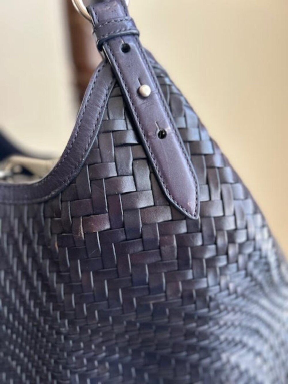 Cole Haan Genevieve Triangle Tote Navy Woven Leather - Picture 2 of 12